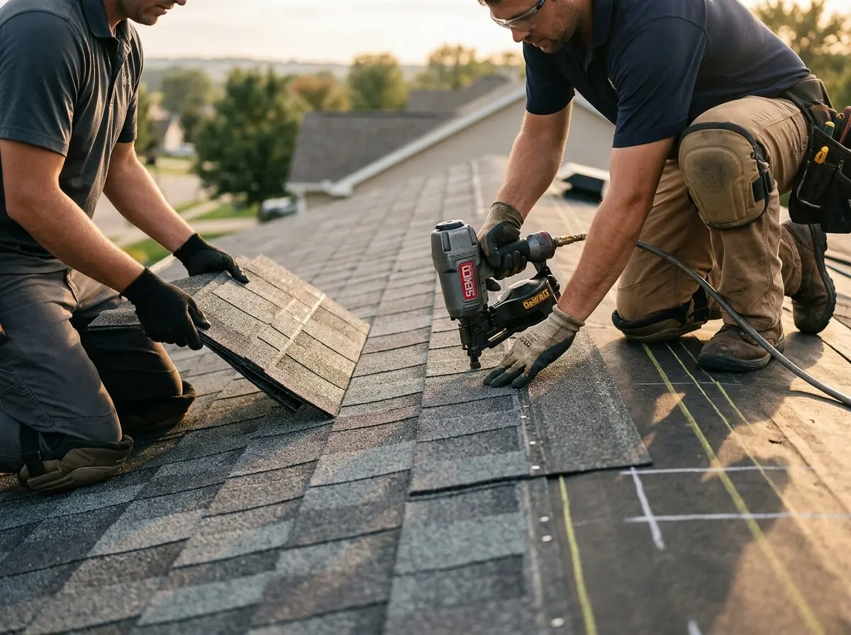 Professional roofer working on a residential roof in Woodbridge
